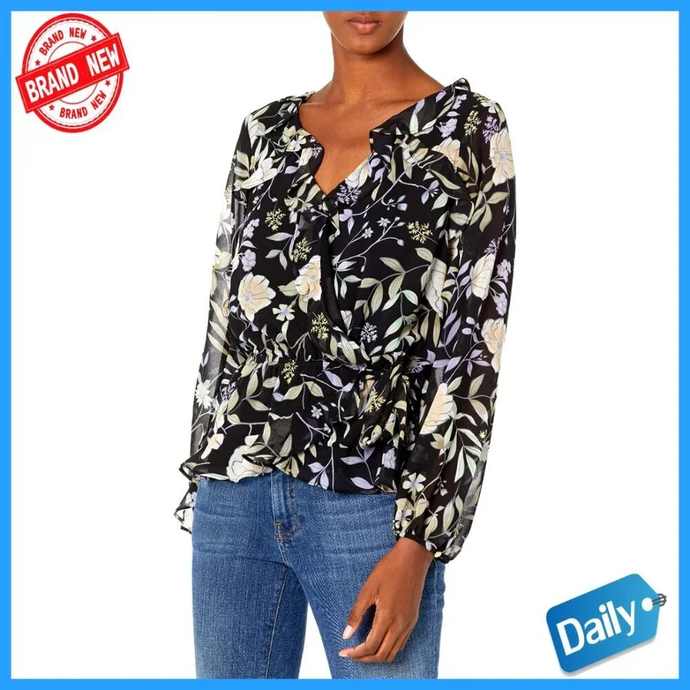Girls' Ruffle Sleeve Faux Wrap Blouse, Regular Fit, Long Length